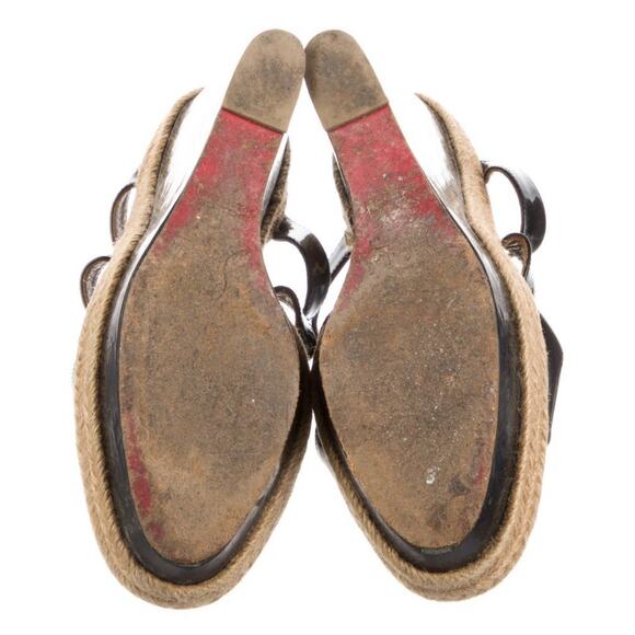 AUTH Christian Louboutin Jute Wedge Sole Black Strappy Patent Leather IT 39/US 9 - Picture 5 of 6